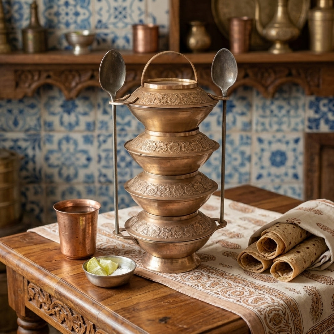 Antique Peetal Engraved Tiffin Carrier | Pure Brass Decorative Storage Container | Made in 1975