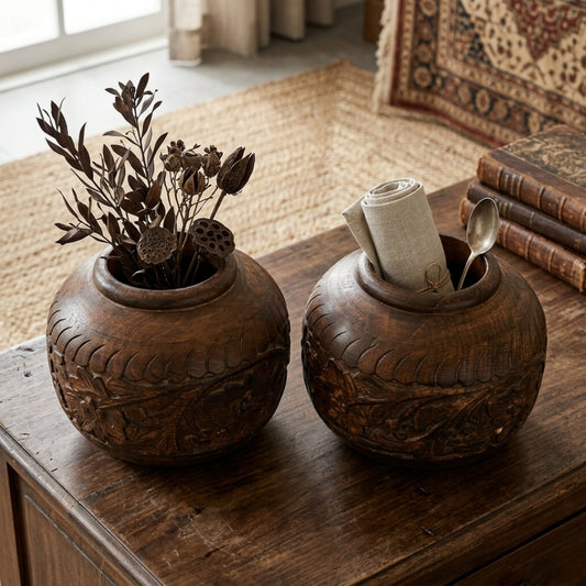 Antique Teakwood Large Pot Pair | Handcrafted Wooden Decorative Vessels | Made in 1980