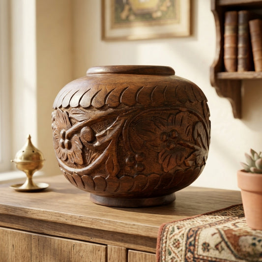 Antique Teakwood Large Pot Pair | Handcrafted Wooden Decorative Vessels | Made in 1980 - Bombay Antiques