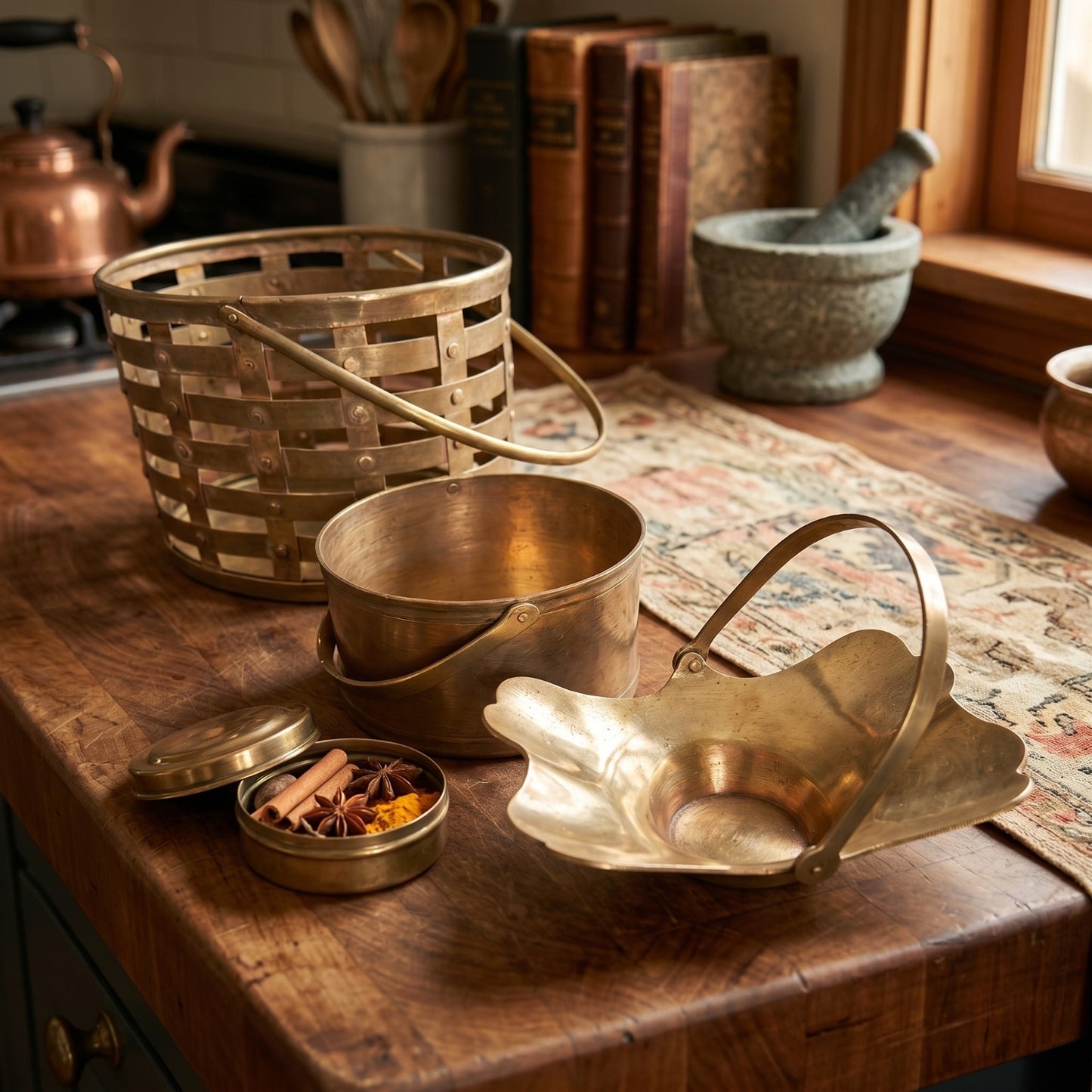 Antique Peetal Set of 3 Kitchen Collection | Pure Brass Lattice Basket, Bucket & Leaf Tray | Made in 1980