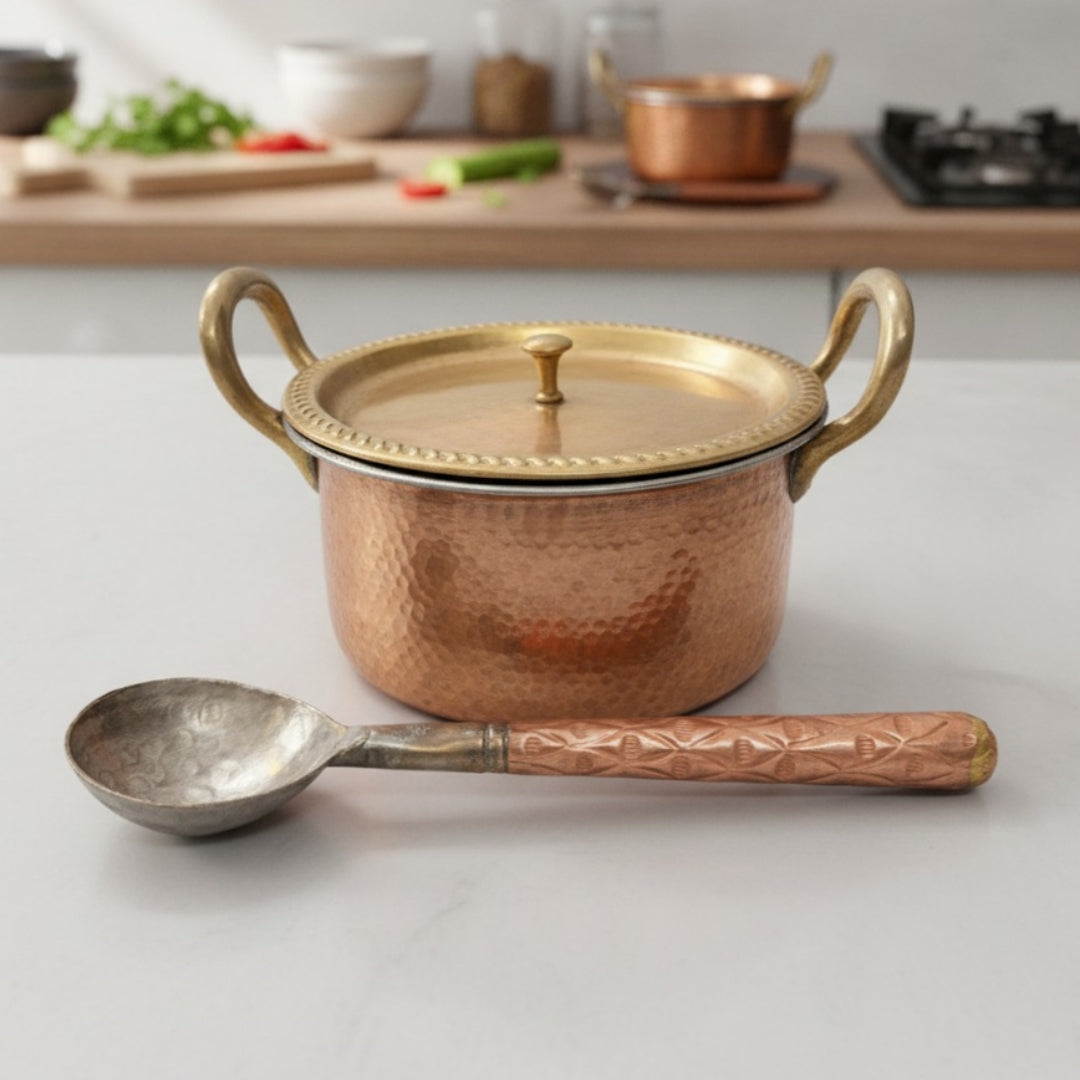 Antique Peetal Cooking Bowl with Lid & Ladle | Pure Brass Serving Vessel | Made in 1970