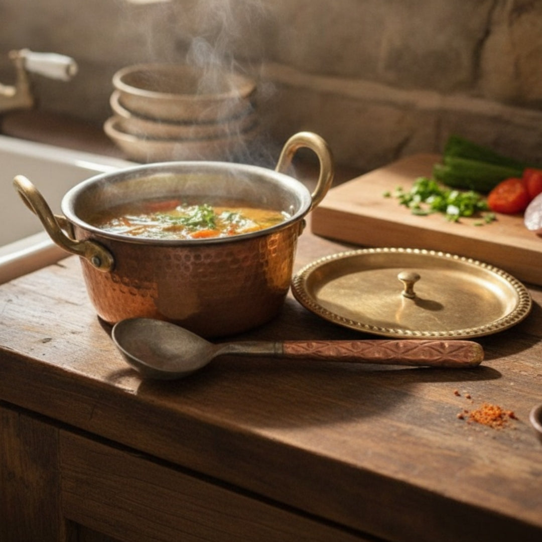 Antique Peetal Cooking Bowl with Lid & Ladle | Pure Brass Serving Vessel | Made in 1970