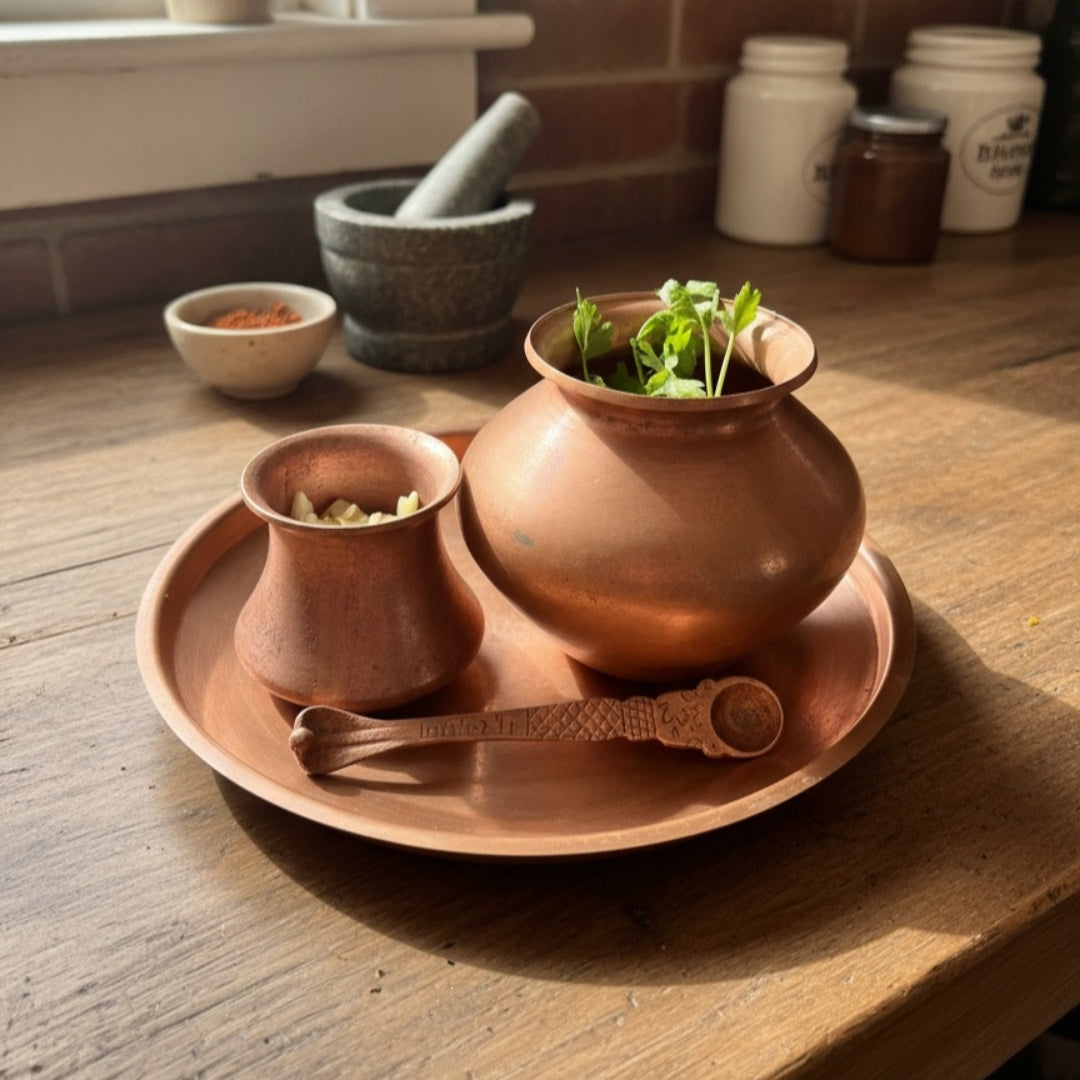 Antique Tamba Kalash Set with Plate | Pure Copper Display Ensemble | Made in 1964