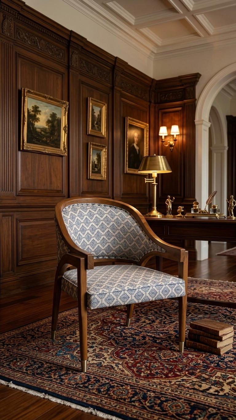 Sagwan Teak Wood Barrel Back Accent Chair | Solid Teak Damask Upholstered Heritage Chair | Inspired by 1950s Indo-Colonial Design