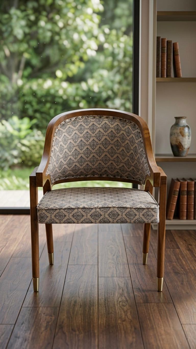 Sagwan Teak Wood Barrel Back Accent Chair | Solid Teak Damask Upholstered Heritage Chair | Inspired by 1950s Indo-Colonial Design