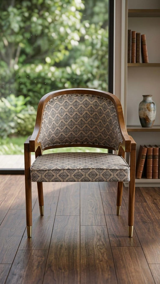Sagwan Teak Wood Barrel Back Accent Chair | Solid Teak Damask Upholstered Heritage Chair | Inspired by 1950s Indo-Colonial Design