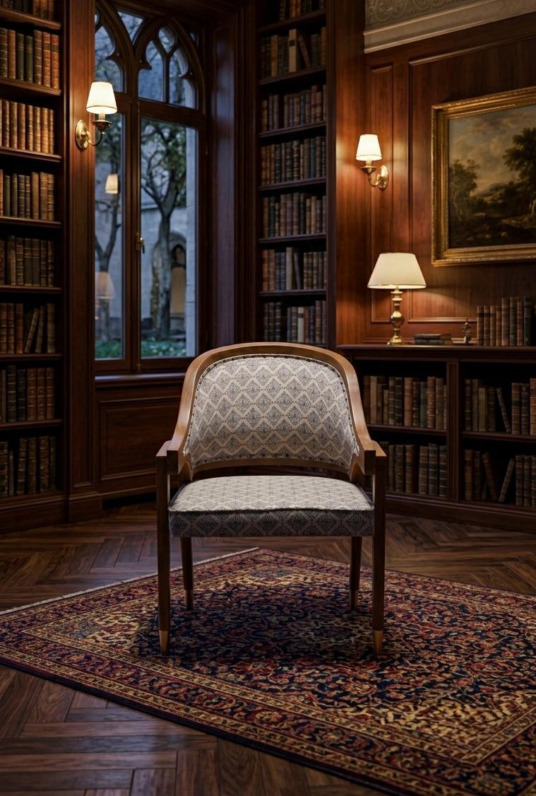 Sagwan Teak Wood Barrel Back Accent Chair | Solid Teak Damask Upholstered Heritage Chair | Inspired by 1950s Indo-Colonial Design