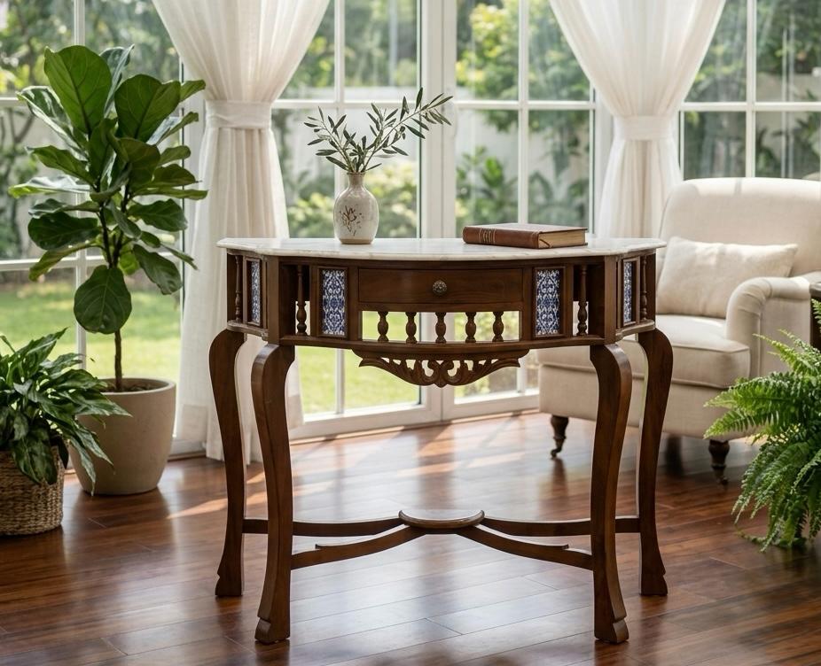 Sagwan Teak Wood Indo-Portuguese Console Table | Solid Teak Marble Top Tile Inlay Table | Inspired by 1880s Goan Colonial Design