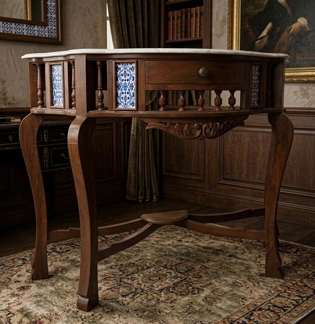 Sagwan Teak Wood Indo-Portuguese Console Table | Solid Teak Marble Top Tile Inlay Table | Inspired by 1880s Goan Colonial Design