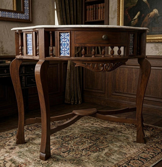 Sagwan Teak Wood Indo-Portuguese Console Table | Solid Teak Marble Top Tile Inlay Table | Inspired by 1880s Goan Colonial Design