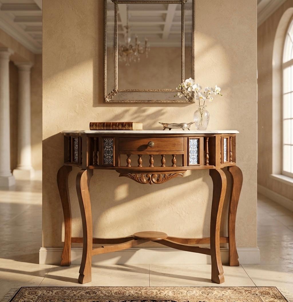 Sagwan Teak Wood Indo-Portuguese Console Table | Solid Teak Marble Top Tile Inlay Table | Inspired by 1880s Goan Colonial Design