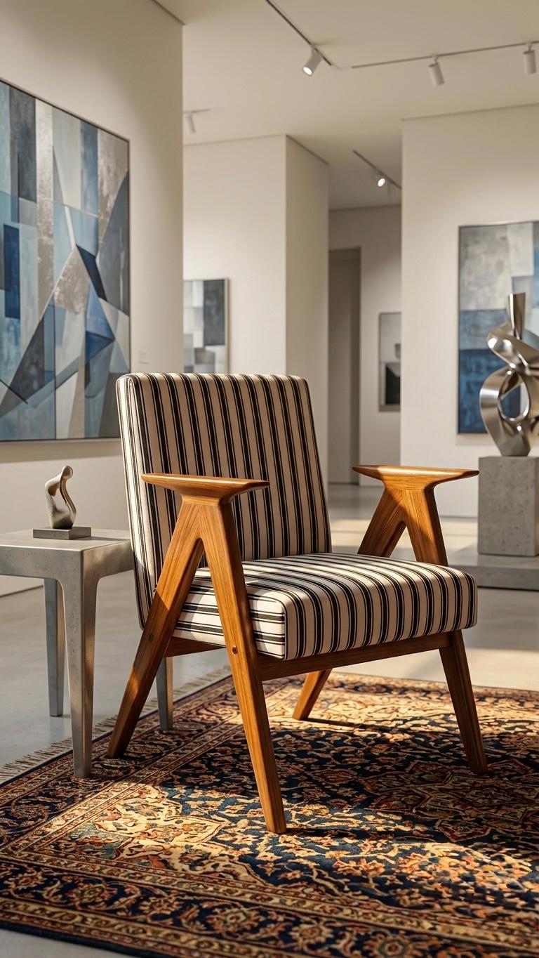 Sagwan Teak Wood Chandigarh Lounge Chair | Solid Teak Mid-Century Stripe Upholstered Accent Chair | Inspired by 1950s Modernist Design