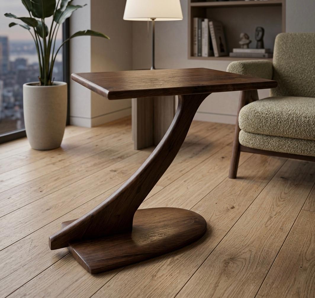 Sagwan Teak Wood Sculptural Z-Base Side Table | Solid Teak C-Table Sofa Side Table | Inspired by 1960s Modernist Design