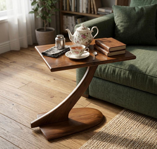Sagwan Teak Wood Sculptural Z-Base Side Table | Solid Teak C-Table Sofa Side Table | Inspired by 1960s Modernist Design