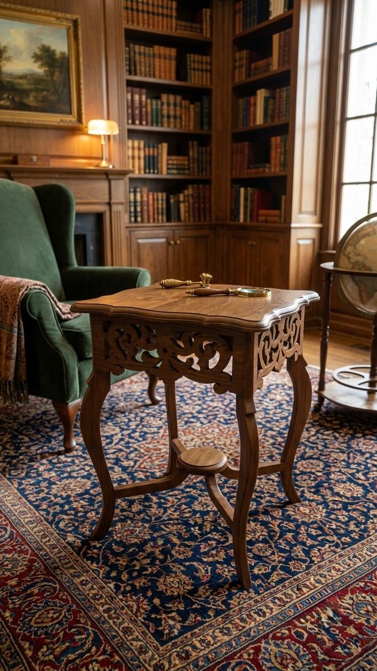 Sagwan Teak Wood Carved Jali Side Table | Solid Teak Fretwork Apron Accent Table | Inspired by 1880s Indo-Colonial Design