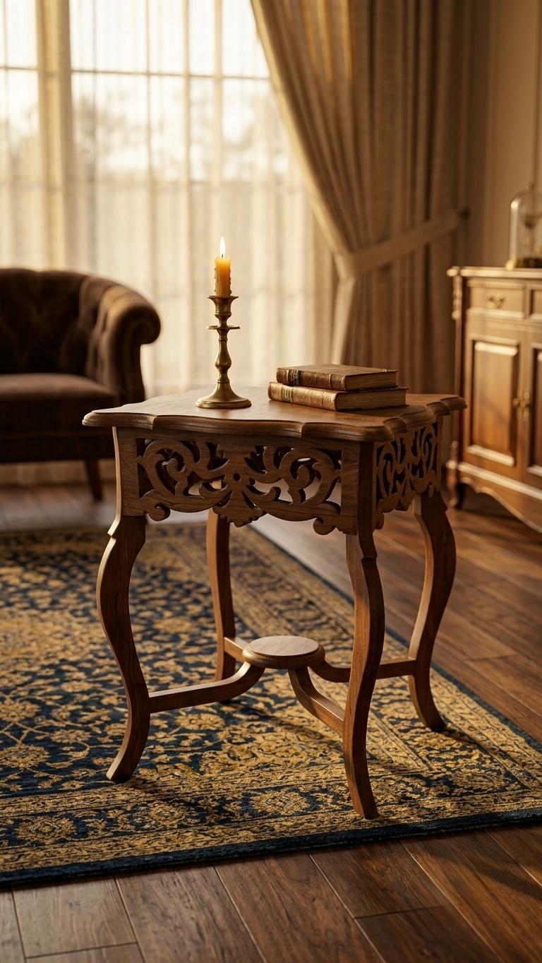 Sagwan Teak Wood Carved Jali Side Table | Solid Teak Fretwork Apron Accent Table | Inspired by 1880s Indo-Colonial Design