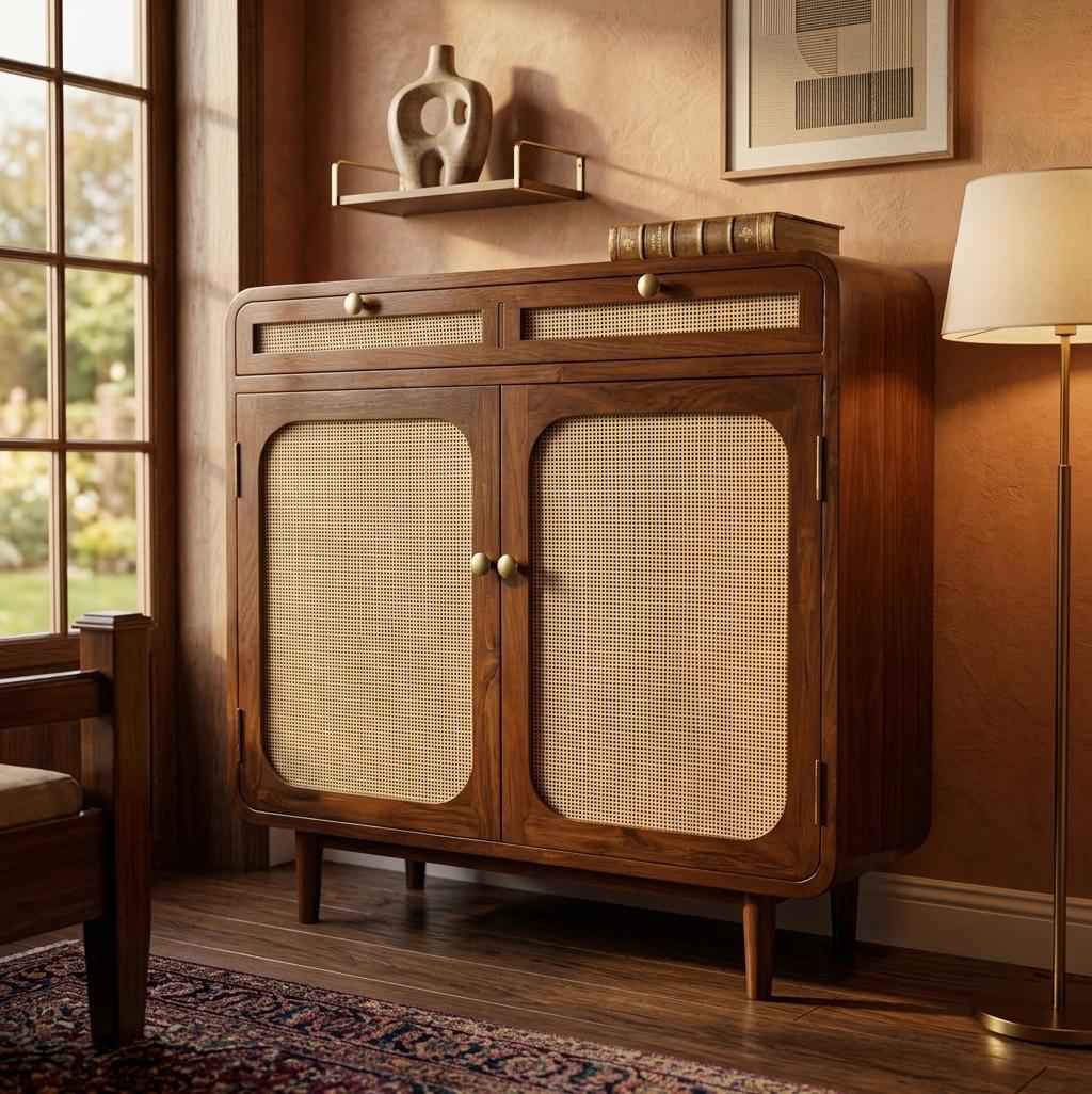Sagwan Teak Wood Cane Door Storage Cabinet | Solid Teak Rattan Panel 2 Door Sideboard | Inspired by 1950s Mid-Century Modern Design