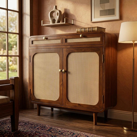 Sagwan Teak Wood Cane Door Storage Cabinet | Solid Teak Rattan Panel 2 Door Sideboard | Inspired by 1950s Mid-Century Modern Design - Bombay Antiques