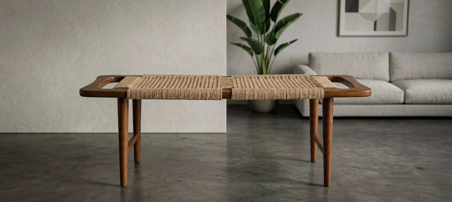 Sagwan Teak Wood Rope Weave Bench | Solid Teak Hand-Woven Jute Seat Bench with Handle Ends | Inspired by 1950s Danish Modern Design