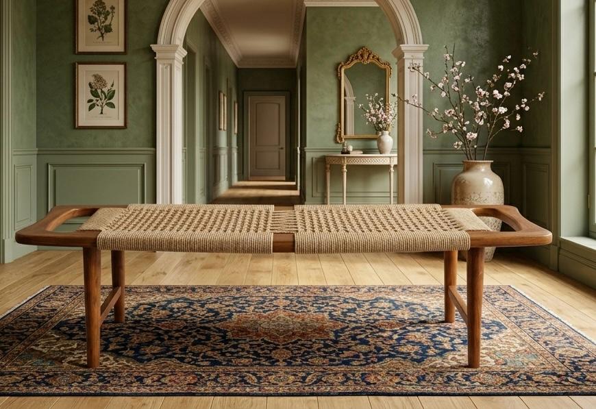 Sagwan Teak Wood Rope Weave Bench | Solid Teak Hand-Woven Jute Seat Bench with Handle Ends | Inspired by 1950s Danish Modern Design