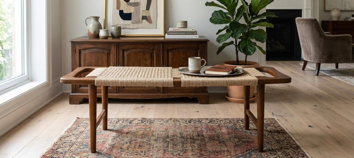 Sagwan Teak Wood Rope Weave Bench | Solid Teak Hand-Woven Jute Seat Bench with Handle Ends | Inspired by 1950s Danish Modern Design
