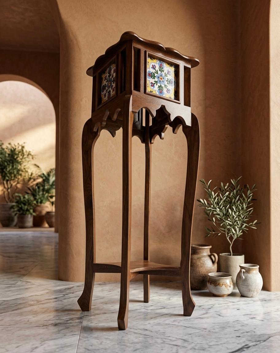 Sagwan Teak Wood Tile Inlay Pedestal Plant Stand | Solid Teak Hand-Painted Ceramic Tile Display Stand | Inspired by 1880s Indo-Moorish Colonial Design