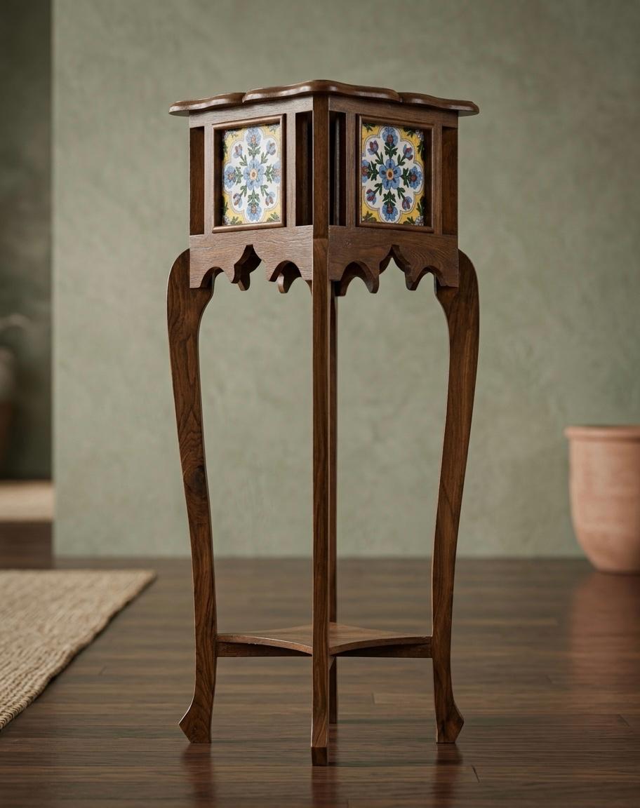 Sagwan Teak Wood Tile Inlay Pedestal Plant Stand | Solid Teak Hand-Painted Ceramic Tile Display Stand | Inspired by 1880s Indo-Moorish Colonial Design