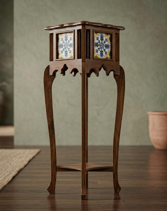Sagwan Teak Wood Tile Inlay Pedestal Plant Stand | Solid Teak Hand-Painted Ceramic Tile Display Stand | Inspired by 1880s Indo-Moorish Colonial Design - Bombay Antiques