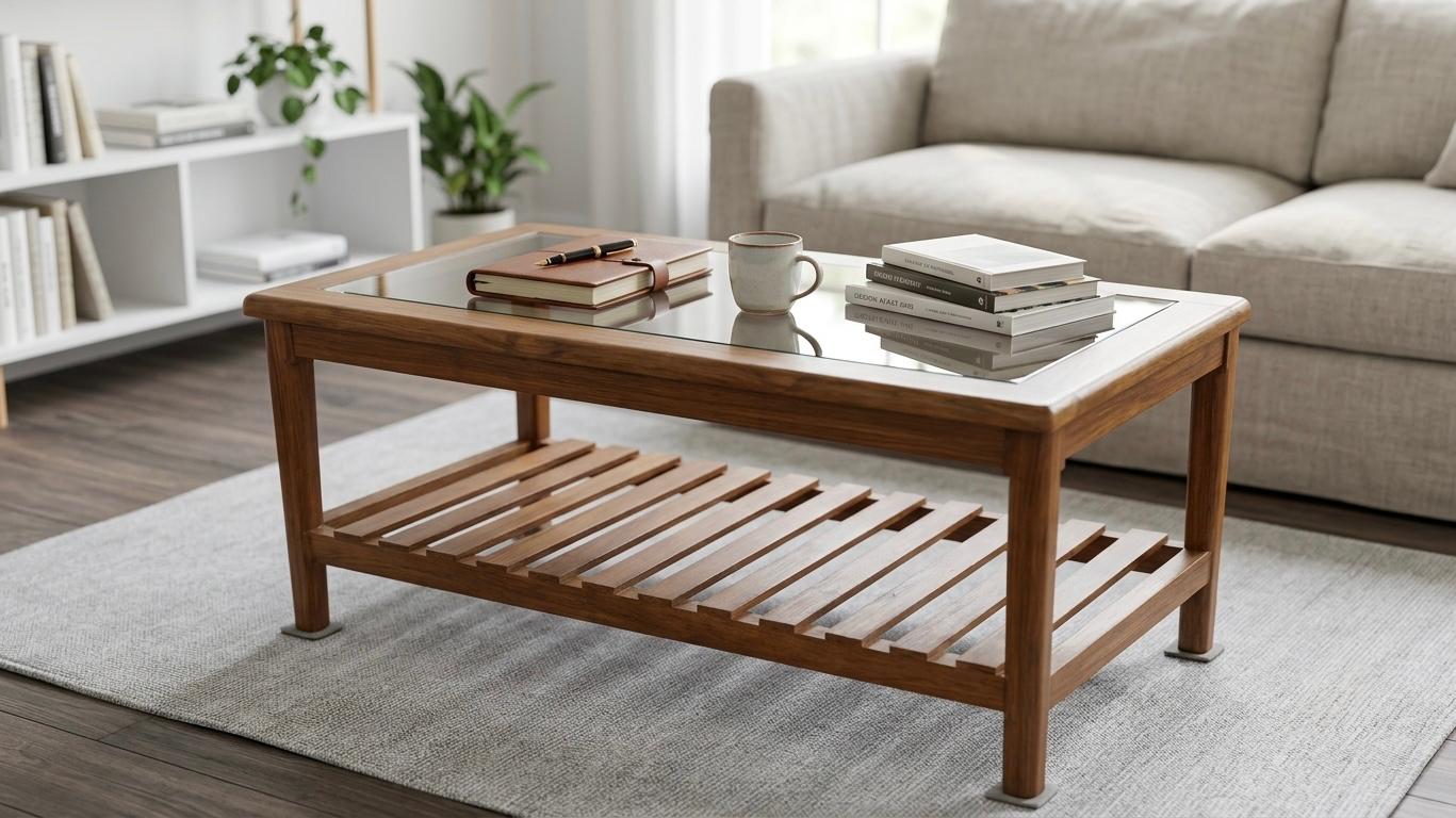 Sagwan Teak Wood Glass Top Coffee Table | Solid Teak Slatted Shelf Centre Table | Inspired by 1960s Scandinavian Modern Design