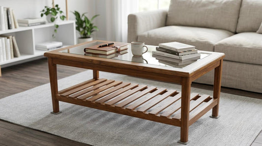 Sagwan Teak Wood Glass Top Coffee Table | Solid Teak Slatted Shelf Centre Table | Inspired by 1960s Scandinavian Modern Design - Bombay Antiques