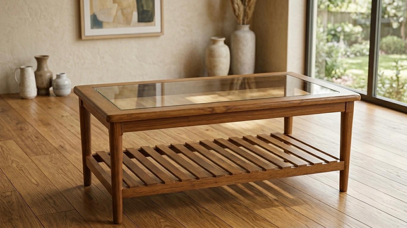 Sagwan Teak Wood Glass Top Coffee Table | Solid Teak Slatted Shelf Centre Table | Inspired by 1960s Scandinavian Modern Design