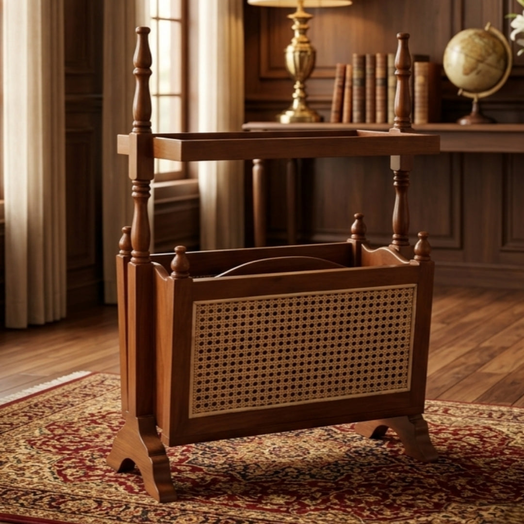 Sagwan Teak Wood Cane Panel Magazine & Book Stand | Solid Teak Turned Post Rattan Panel Library Stand | Inspired by 1880s British Colonial Design