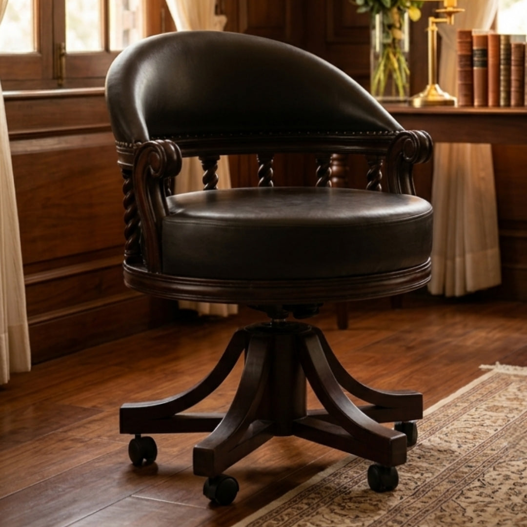Sagwan Teak Wood Barley Twist Captain's Revolving Chair | Solid Teak Black Leather Swivel Desk Chair | Inspired by 1880s Victorian Colonial Design