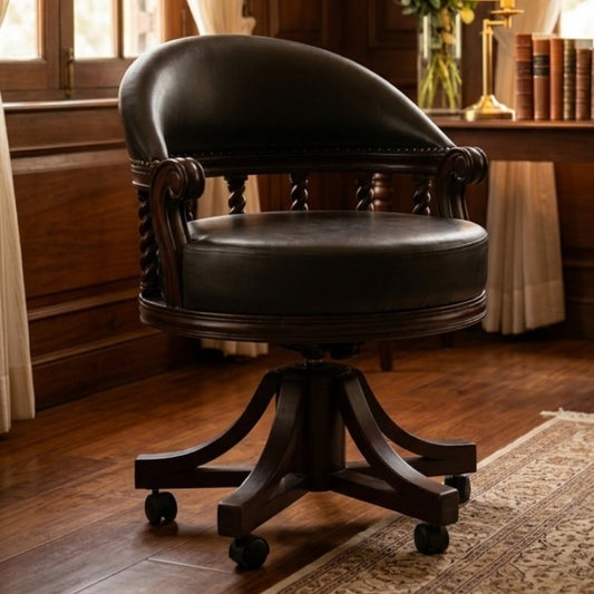 Sagwan Teak Wood Barley Twist Captain's Revolving Chair | Solid Teak Black Leather Swivel Desk Chair | Inspired by 1880s Victorian Colonial Design - Bombay Antiques