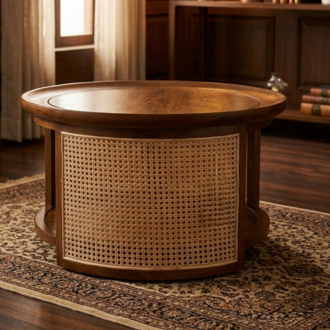 Sagwan Teak Wood Round Cane Panel Coffee Table | Solid Teak Rattan Drum Base Centre Table | Inspired by 1950s Mid-Century Colonial Design