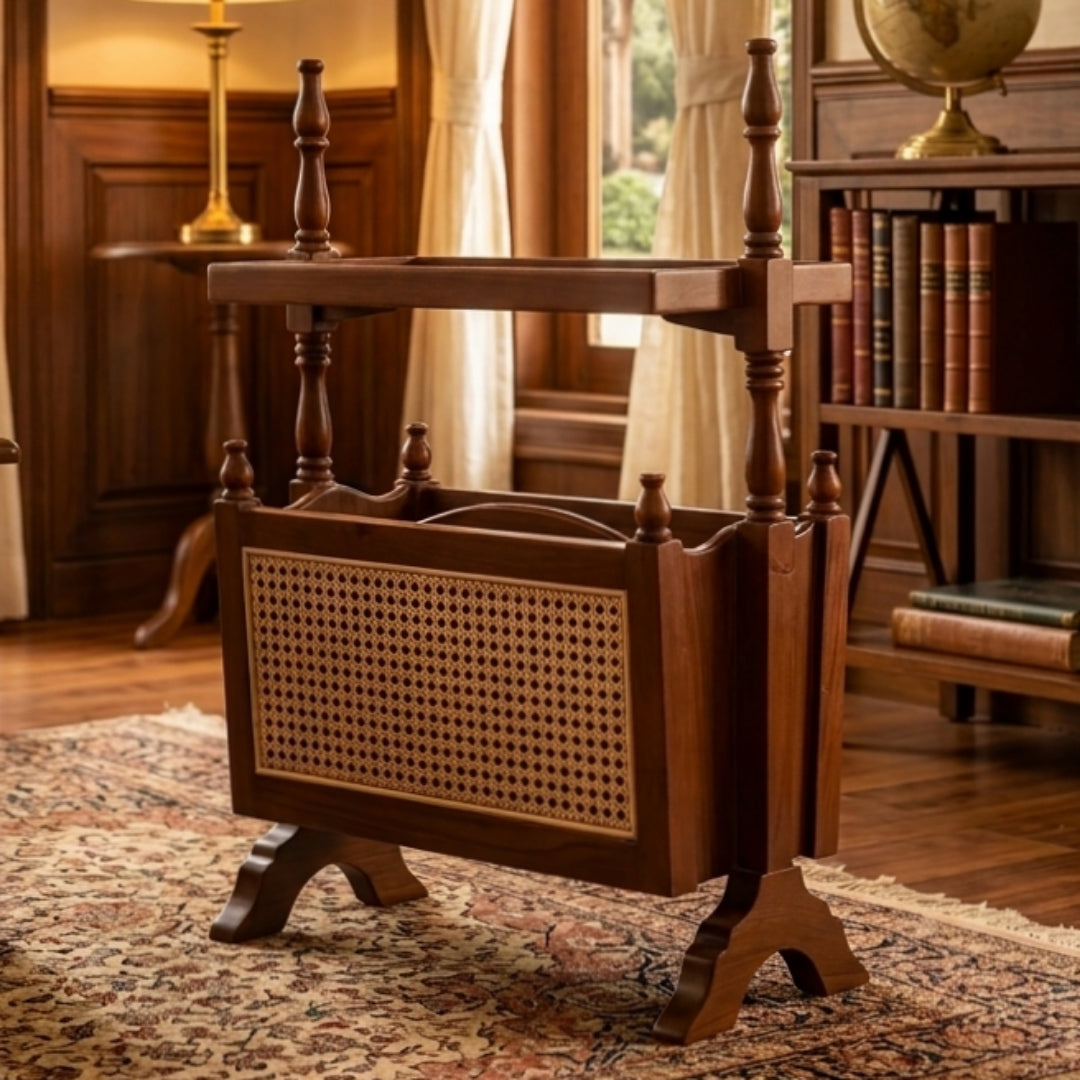 Sagwan Teak Wood Cane Panel Magazine & Book Stand | Solid Teak Turned Post Rattan Panel Library Stand | Inspired by 1880s British Colonial Design
