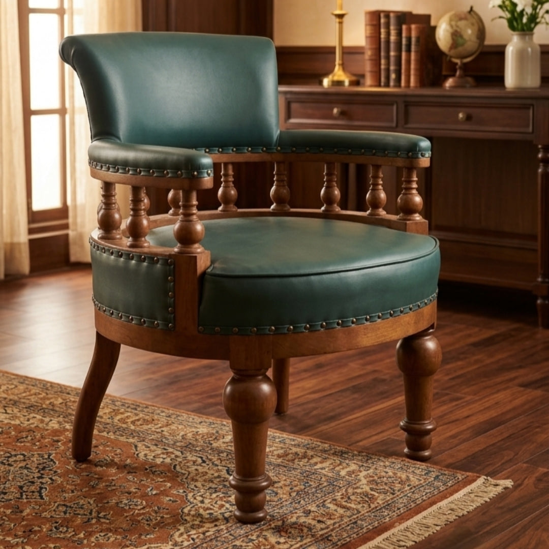 Sagwan Teak Wood Captain's Tub Chair | Solid Teak Green Leather Spindle Gallery Accent Chair | Inspired by 1880s British Colonial Design