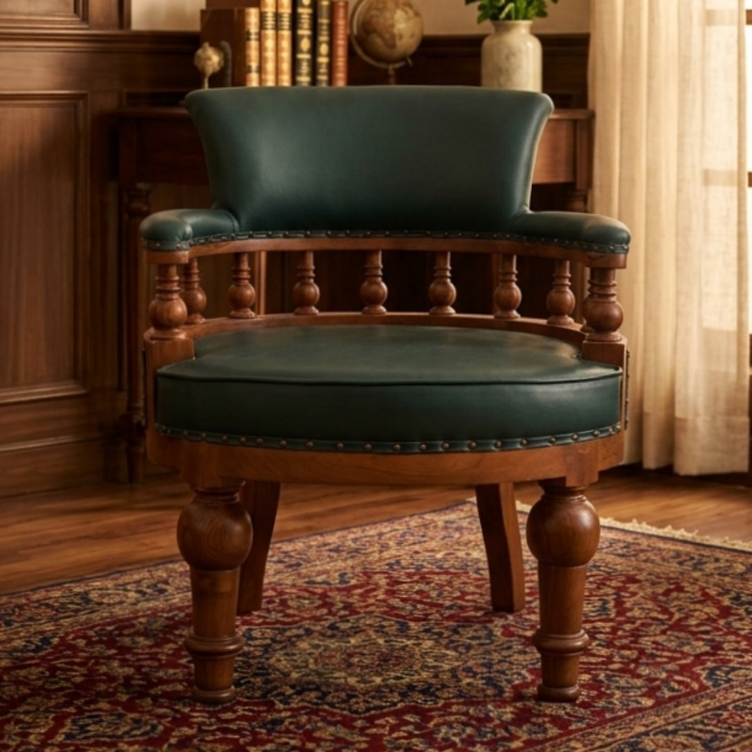 Sagwan Teak Wood Captain's Tub Chair | Solid Teak Green Leather Spindle Gallery Accent Chair | Inspired by 1880s British Colonial Design