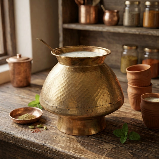 Antique Peetal Cooking Bowl with Stand, Lid & Spoon | Pure Brass Serving Bowl Set | Made in 1973