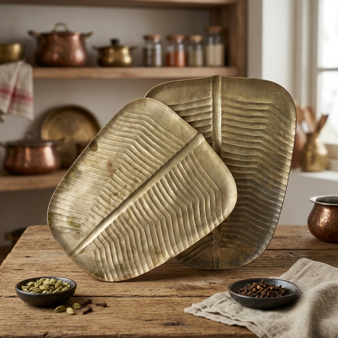 Antique Peetal Silver-Coated Leaf Tray Pair | Silver-Coated Brass Serving Trays | Made in 1971