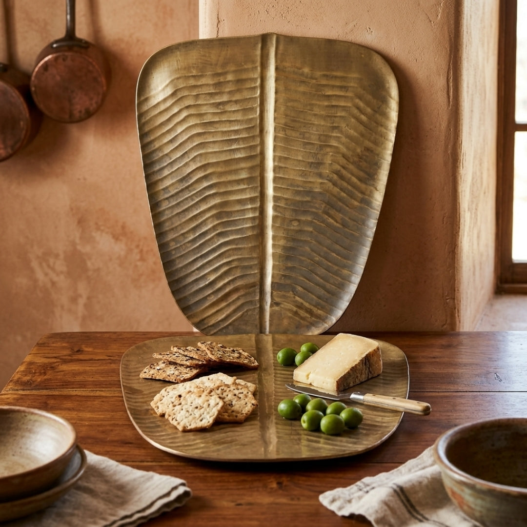 Antique Peetal Silver-Coated Leaf Tray Pair | Silver-Coated Brass Serving Trays | Made in 1971