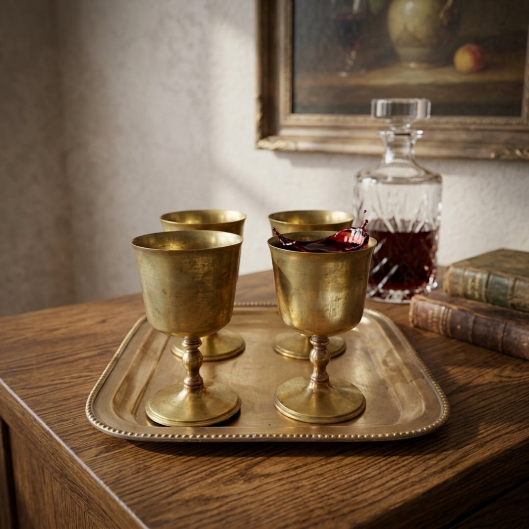 Antique Peetal Refreshment Set | Pure Brass Glasses with Tray | Made in 1970