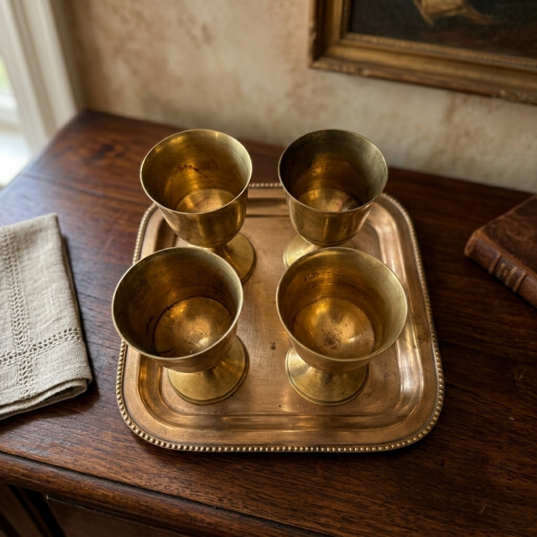 Antique Peetal Refreshment Set | Pure Brass Glasses with Tray | Made in 1970