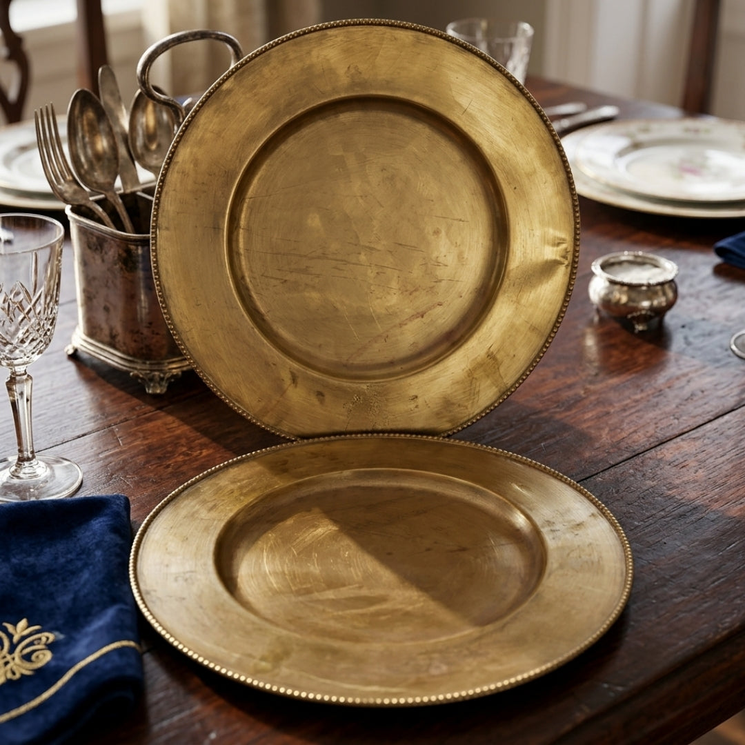 Antique Peetal Plate Pair with Ornate Borders | Pure Brass Dinner Plates | Made in 1970