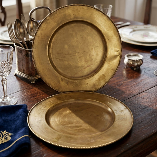 Antique Peetal Plate Pair with Ornate Borders | Pure Brass Dinner Plates | Made in 1970