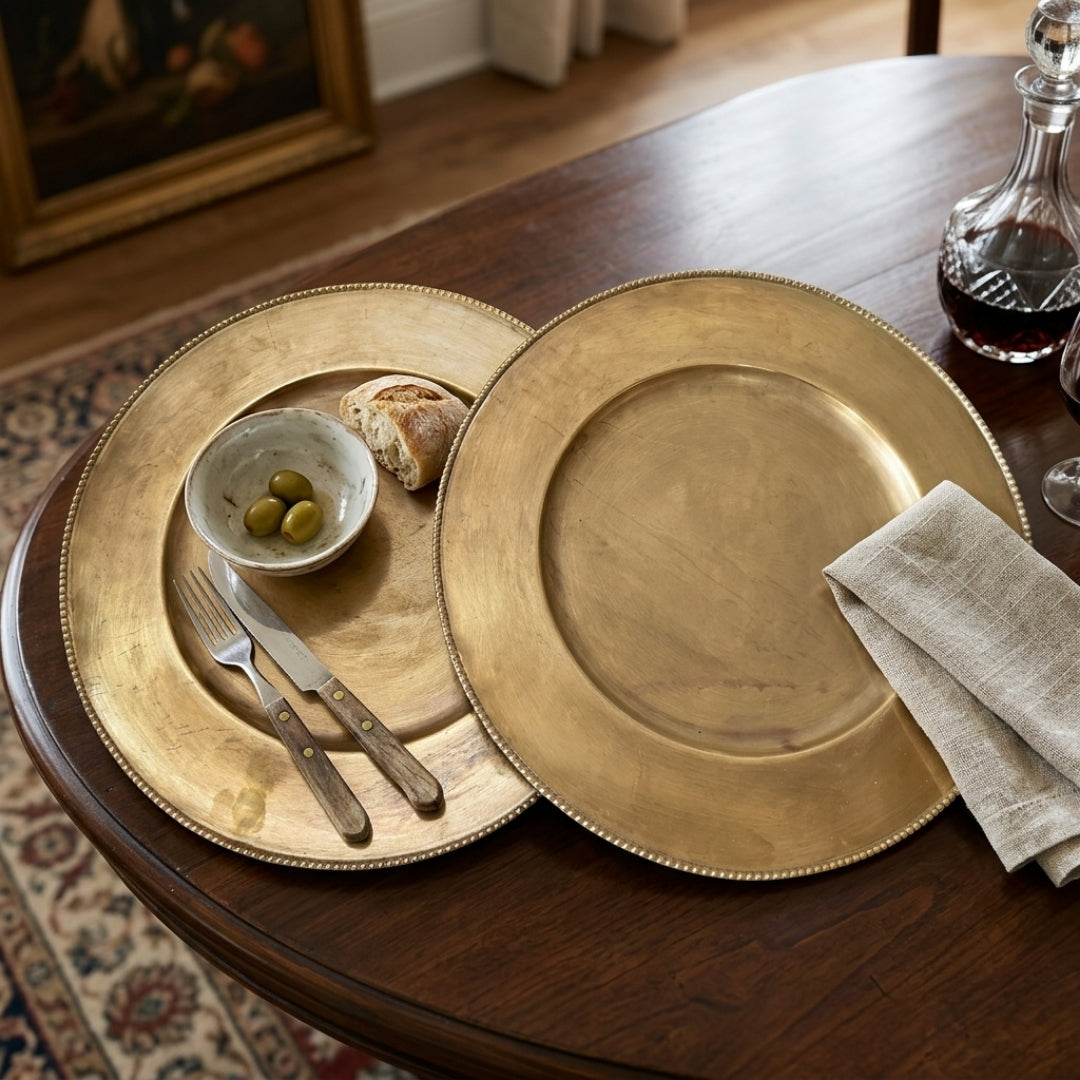 Antique Peetal Plate Pair with Ornate Borders | Pure Brass Dinner Plates | Made in 1970