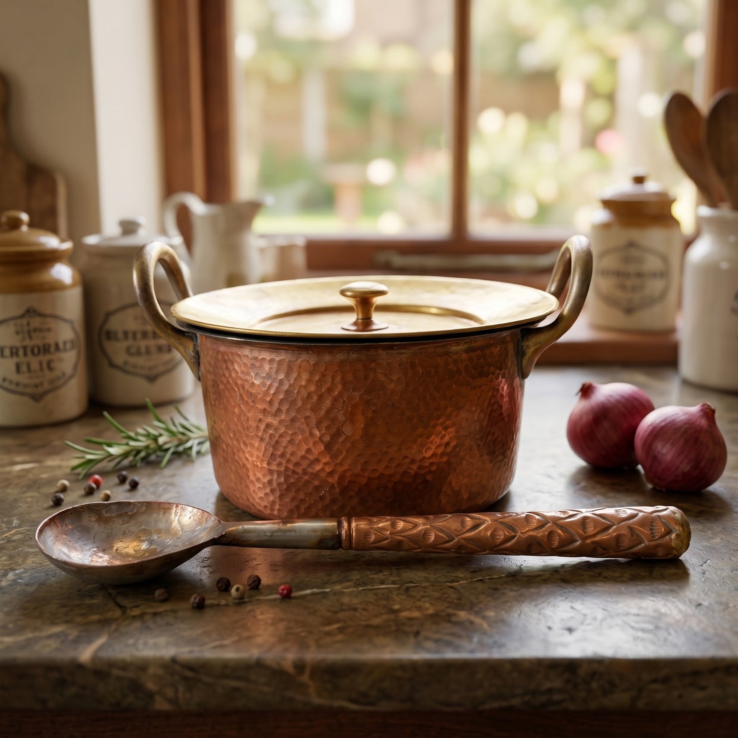 Antique Tamba Cooking Bowl with Lid & Ladle | Pure Copper Serving Vessel | Made in 1970