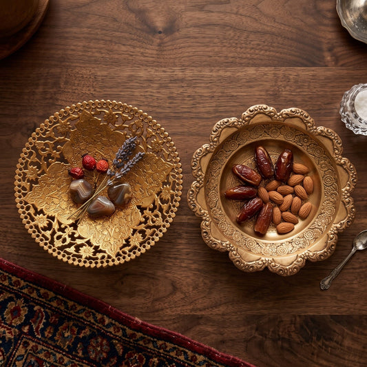 Antique Peetal Engraved Serving Bowl Pair | Pure Brass Serving Bowls | Made in 1973 - Bombay Antiques