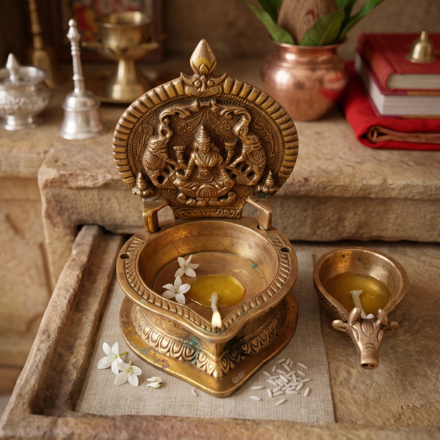 Antique Peetal Engraved Diya Pair | Pure Brass Oil Lamps | Made in 1970