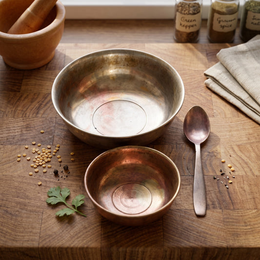 Antique Kansa Bowl Pair with Spoon | Pure Bronze Serving Bowls | Made in 1970